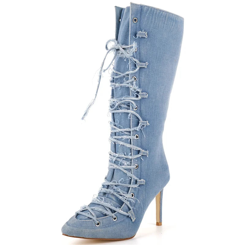 Denim Pointed Toe Ankle Boots - Side Zipper Stiletto Heels