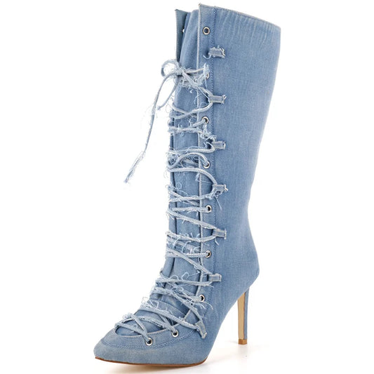 Denim Pointed Toe Ankle Boots - Side Zipper Stiletto Heels