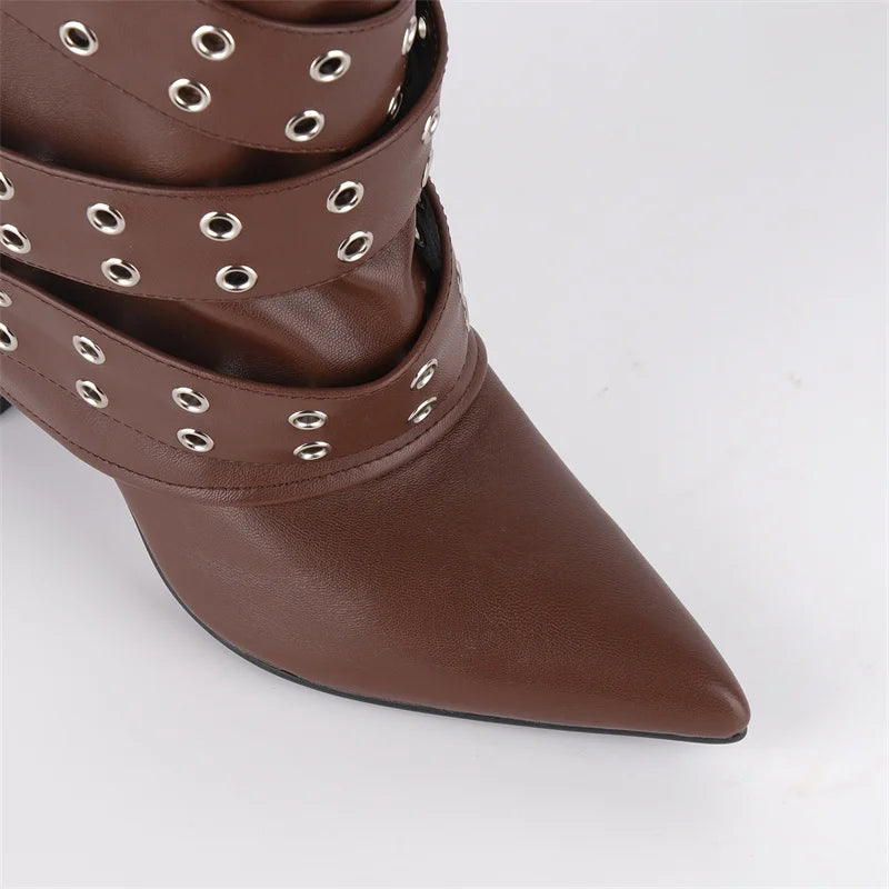 Mid-Calf Boots - Fold-Over Buckle Strap Chunky Heel Boots