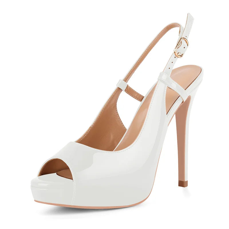 Patent Leather Peep Toe Platform Stiletto Sandals - Ankle Strap Heels