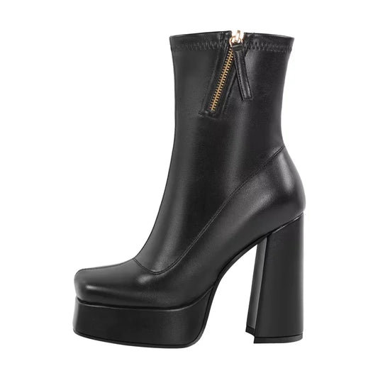 Square Toe Platform Ankle Boots - Side Zipper Heels