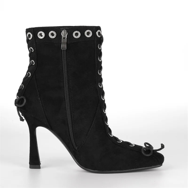 Square Toe Ankle Boots - Butterfly Bow Side Zipper Boots