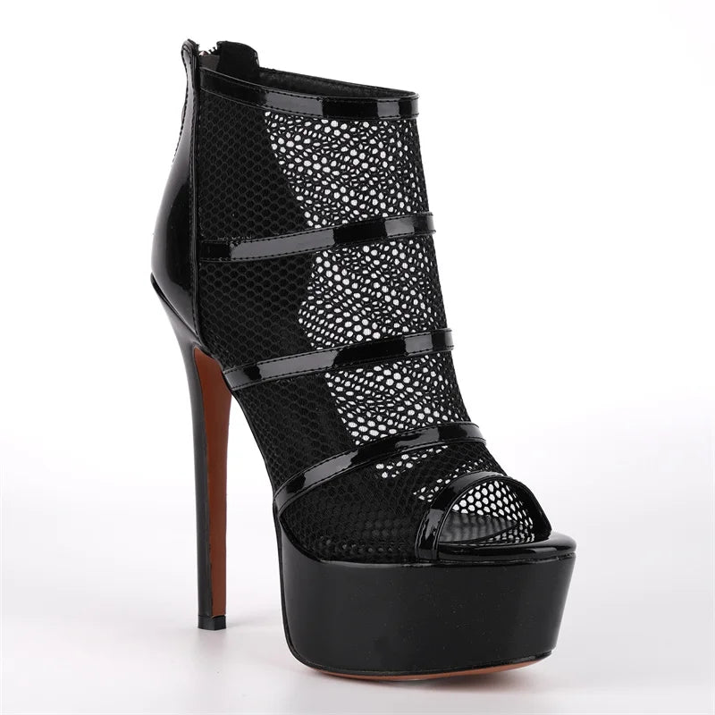 Mesh Peep Toe Platform Ankle Boots - Back Zipper Stiletto Heels