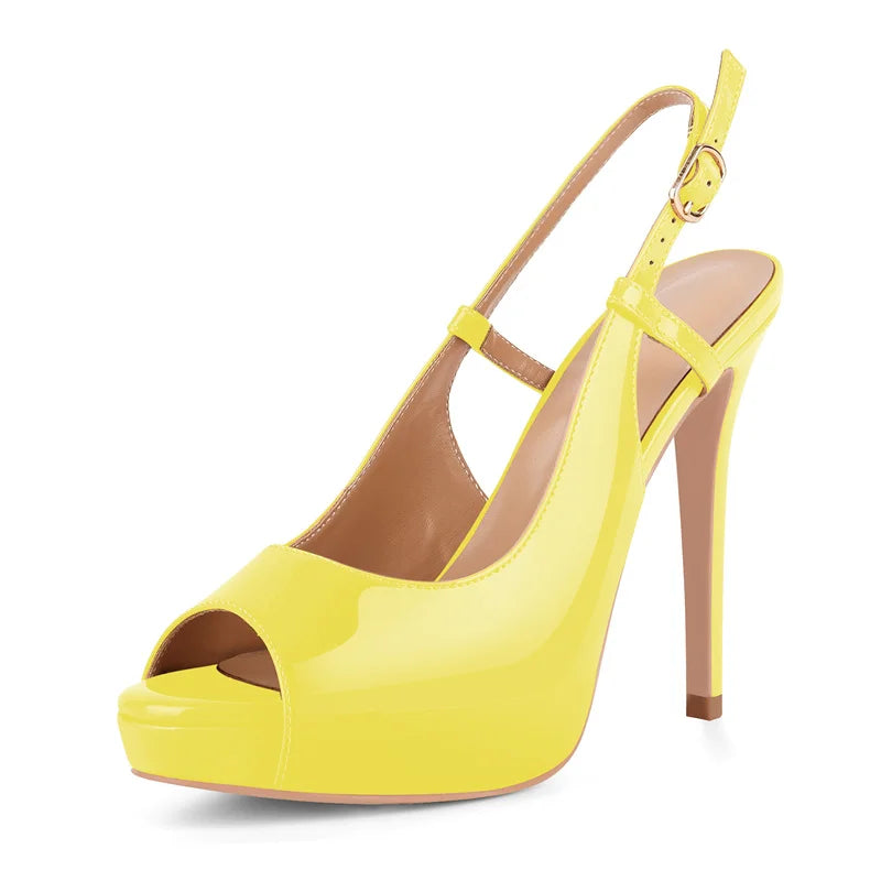 Patent Leather Peep Toe Platform Stiletto Sandals - Ankle Strap Heels