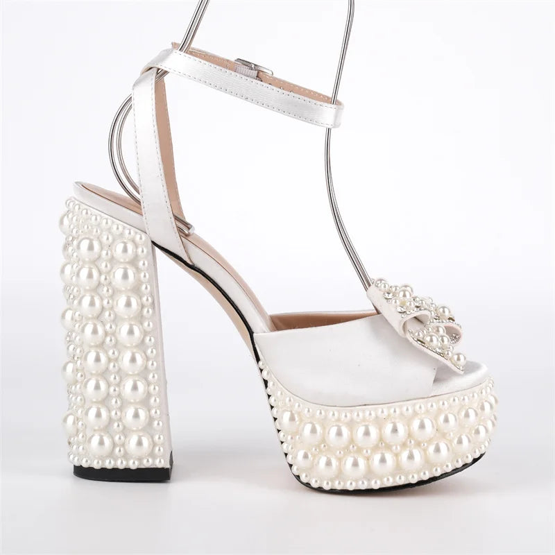 Pearl Embellished Platform Ankle Strap Sandals - Slingback Heels