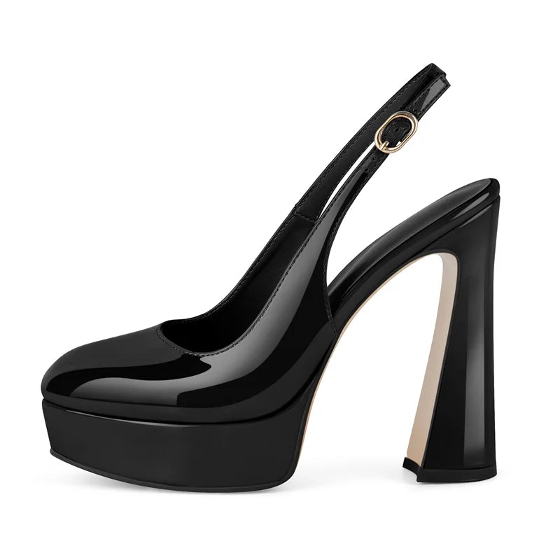 Patent Leather Slingback Pumps - Round Toe Hoof Heel Pumps