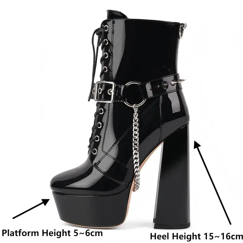 Gothic Platform Ankle Boots - Chain Detail Side Zipper Heels