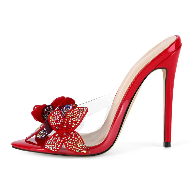 Rhinestone Peep Toe Mules - Slip-On Stiletto Heel Sandals