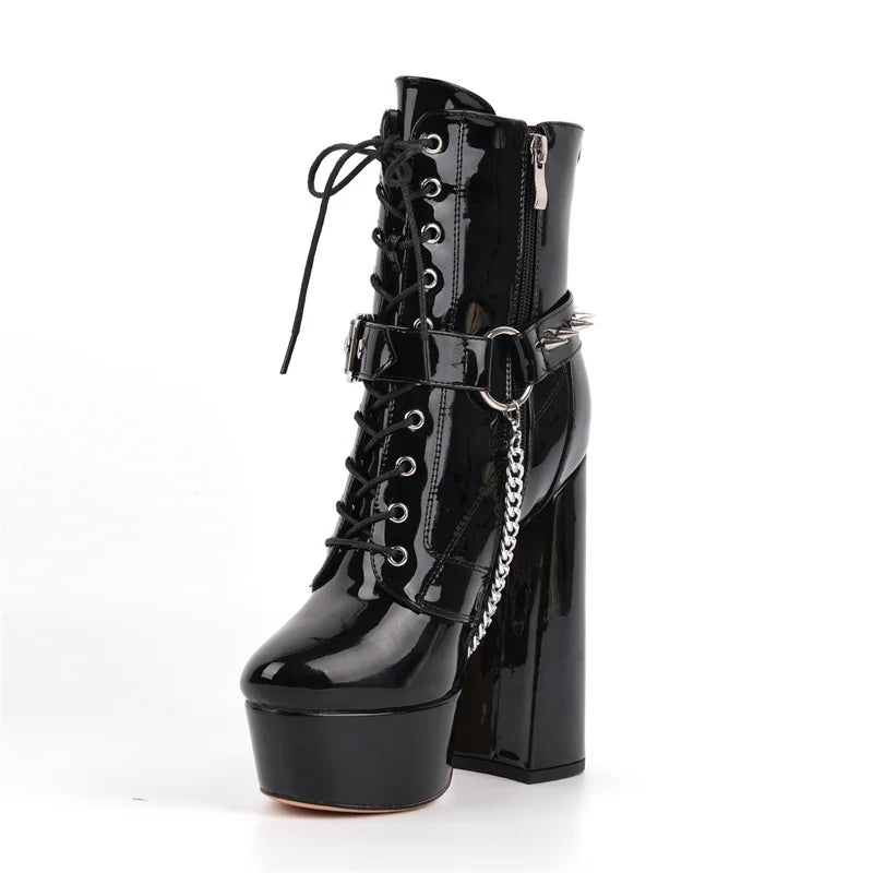 Gothic Platform Ankle Boots - Chain Detail Side Zipper Heels