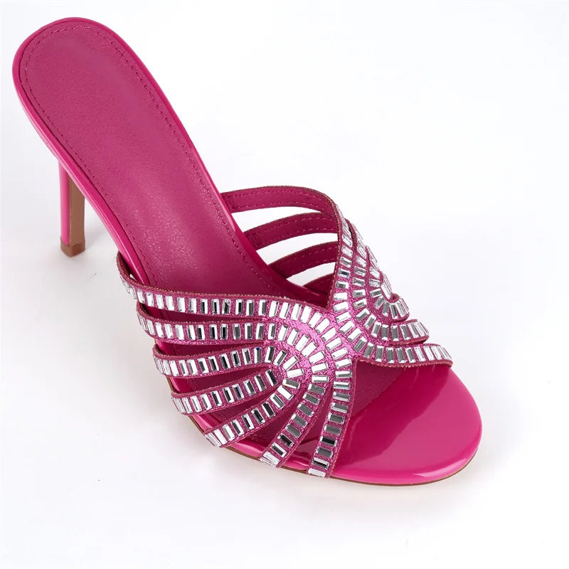 Rhinestone Peep Toe Mules - Slip-On Stiletto Heel Sandals