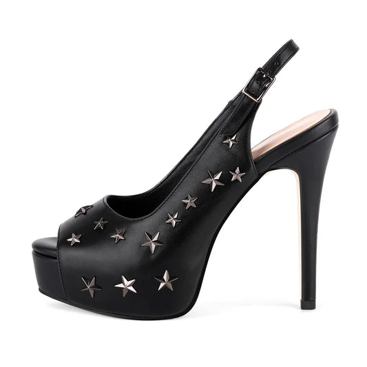 Star Studded Platform Peep Toe Slingback Sandals - Stiletto Heels