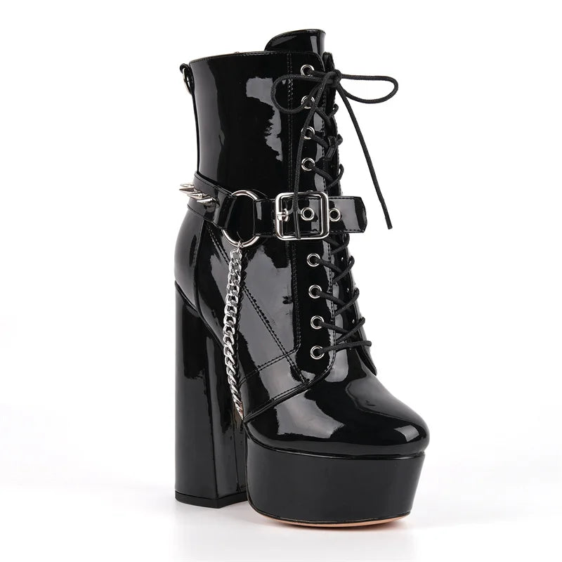 Gothic Platform Ankle Boots - Chain Detail Side Zipper Heels