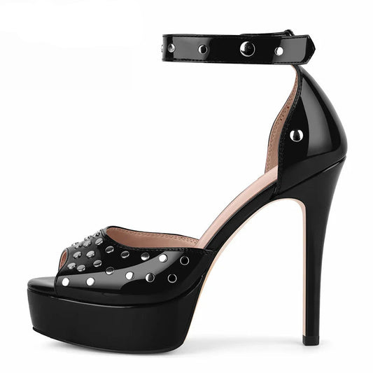 Studded Rivet Platform Stiletto Sandals – Ankle Strap Peep Toe Heels (EU 35–46)