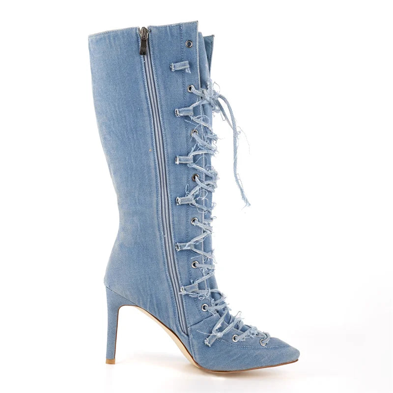 Denim Pointed Toe Ankle Boots - Side Zipper Stiletto Heels