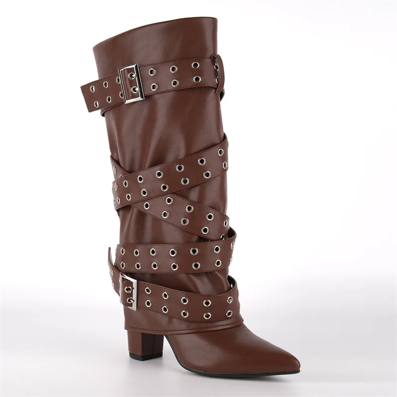 Mid-Calf Boots - Fold-Over Buckle Strap Chunky Heel Boots
