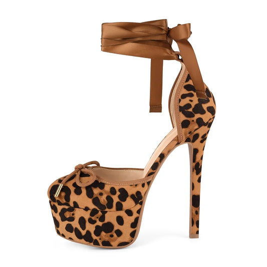 Platform Mary Jane Pumps - Bow Ribbon Ankle Lace-Up Heels