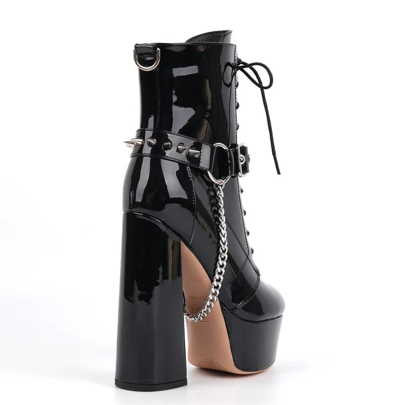 Gothic Platform Ankle Boots - Chain Detail Side Zipper Heels