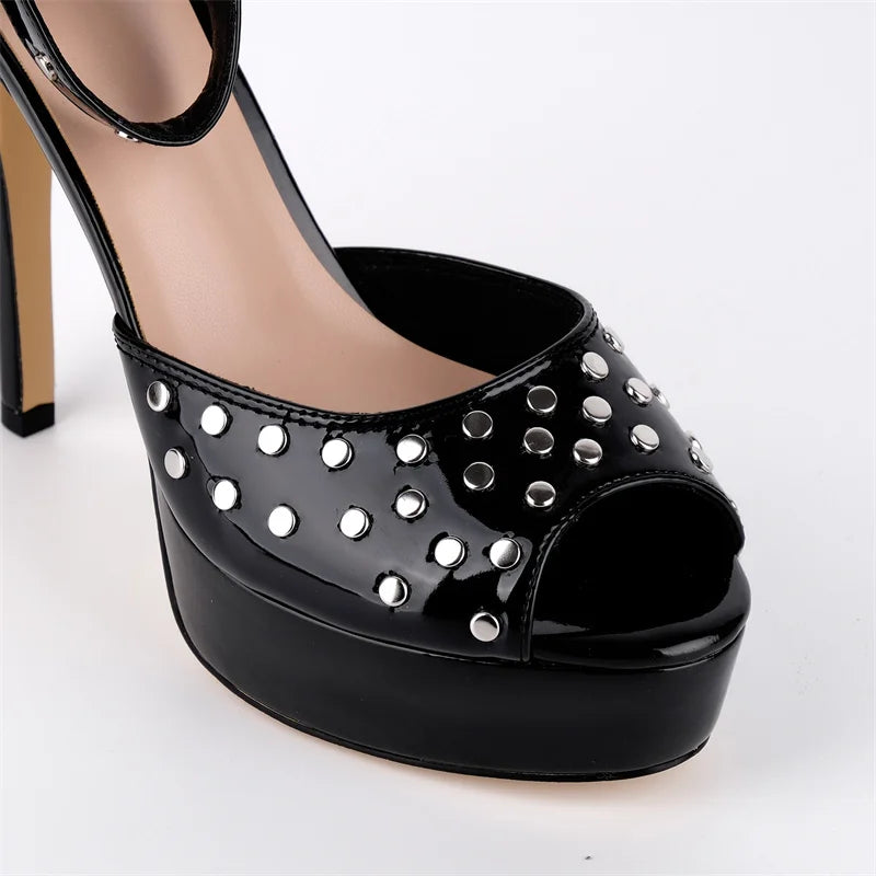 Platform Peep Toe Sandals - Rivet Ankle Strap Stiletto Heels