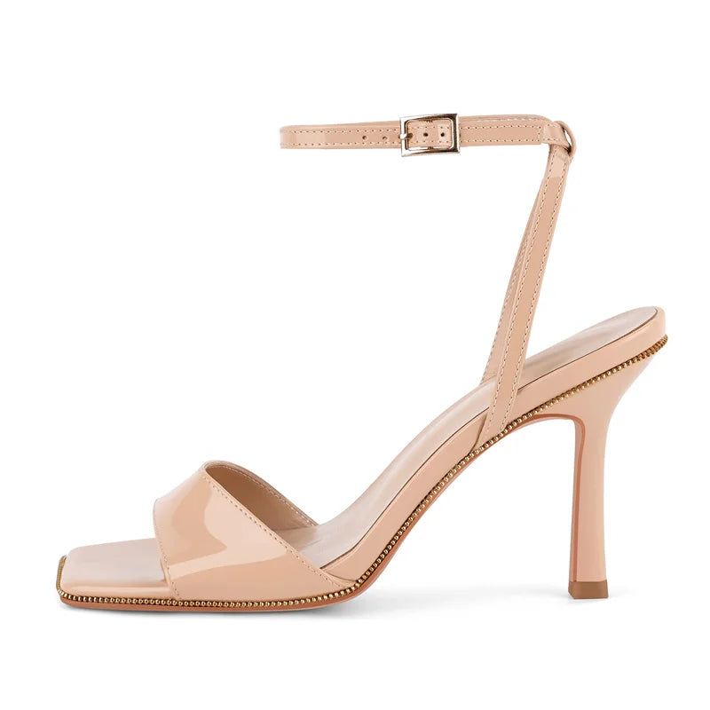 Square Toe Ankle Strap Stiletto Sandals - Hollow Design Heels