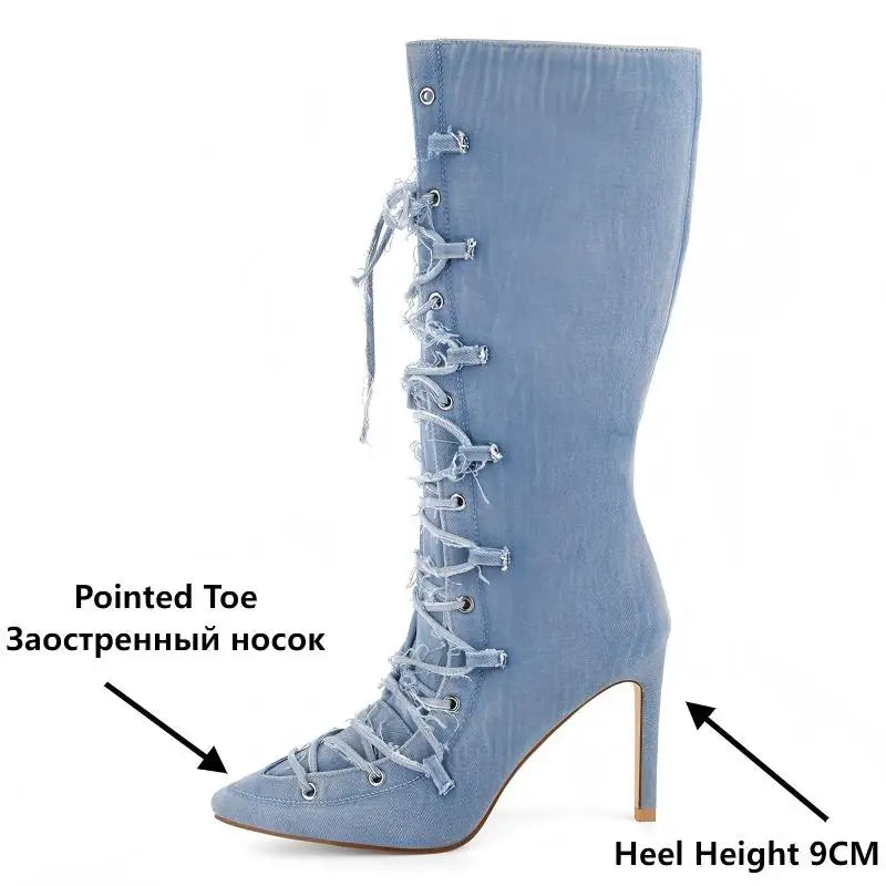 Denim Pointed Toe Ankle Boots - Side Zipper Stiletto Heels