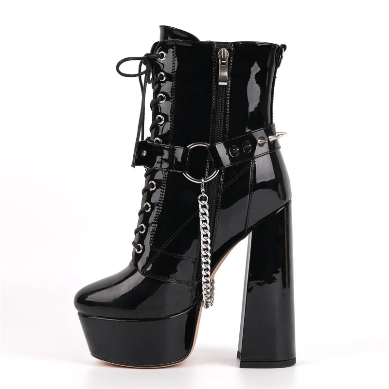 Gothic Platform Ankle Boots - Chain Detail Side Zipper Heels