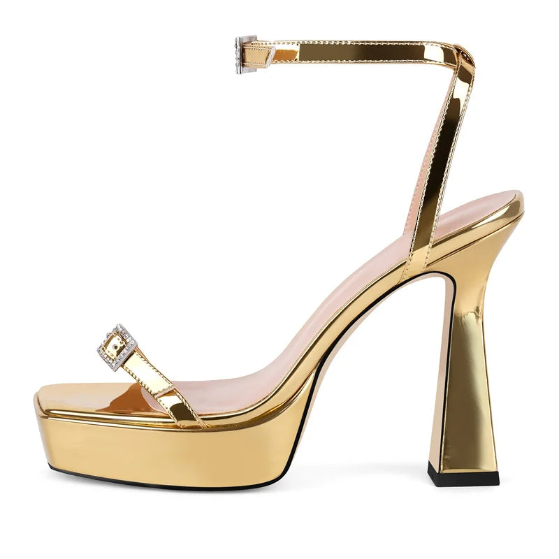 Patent Leather Square Toe Platform Sandals - Ankle Strap Stiletto Heels