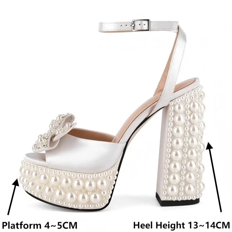 Pearl Embellished Platform Ankle Strap Sandals - Slingback Heels
