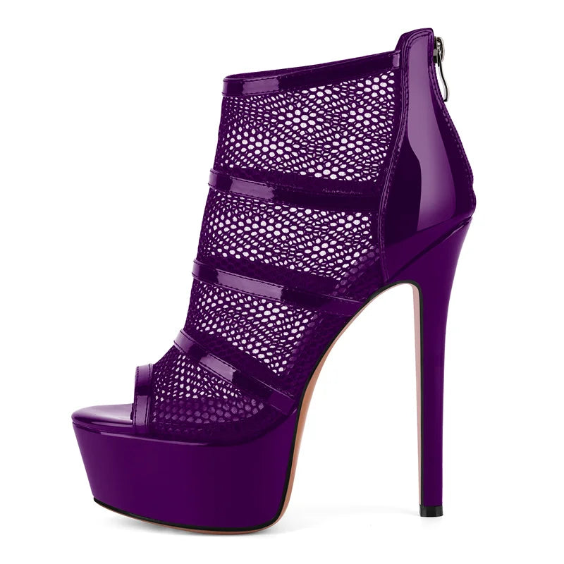 Mesh Peep Toe Platform Ankle Boots - Back Zipper Stiletto Heels