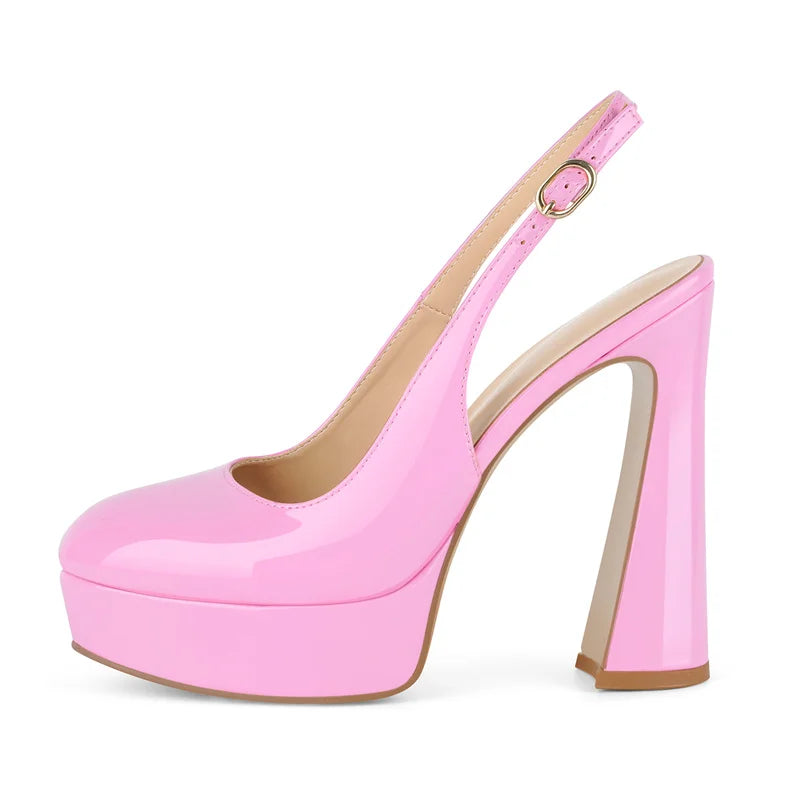 Patent Leather Slingback Pumps - Round Toe Hoof Heel Pumps