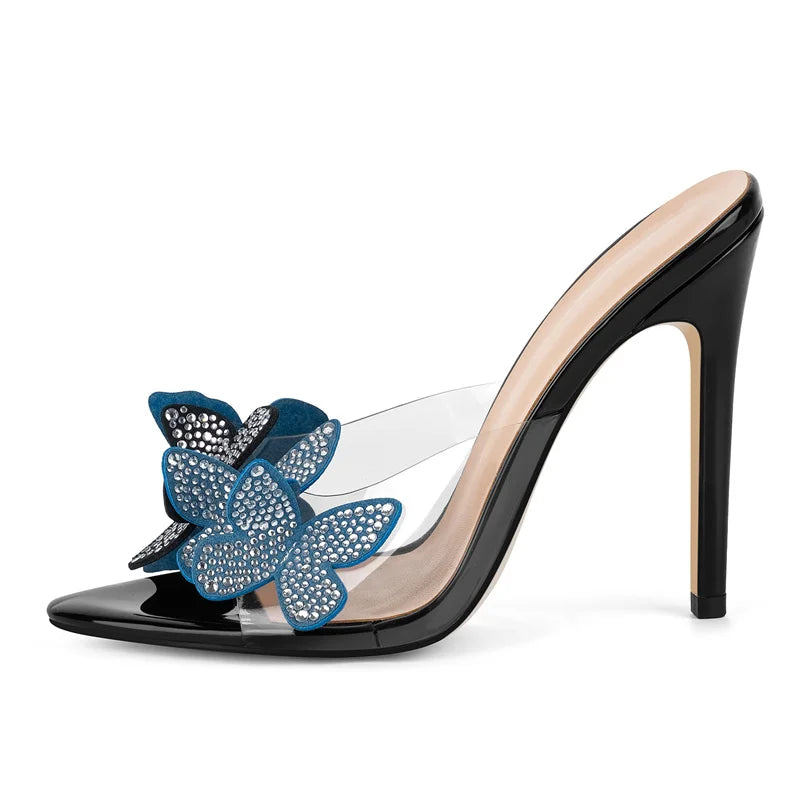 Rhinestone Peep Toe Mules - Slip-On Stiletto Heel Sandals