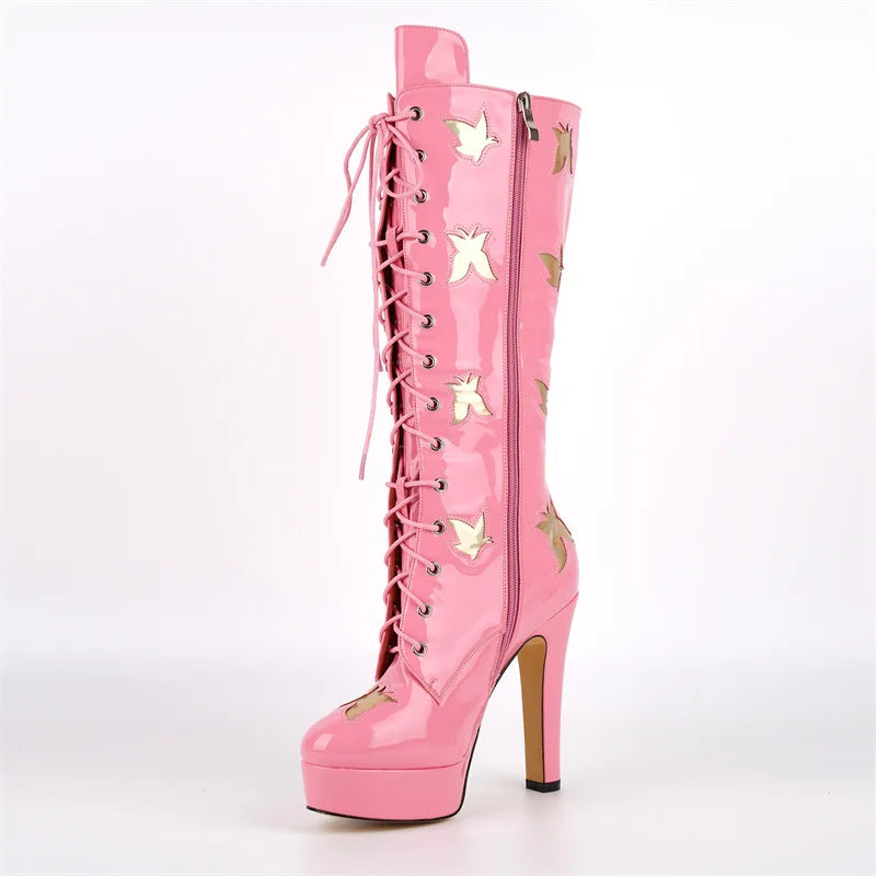 Patent Leather Platform Ankle Boots - Lace-Up Side Zipper Heels