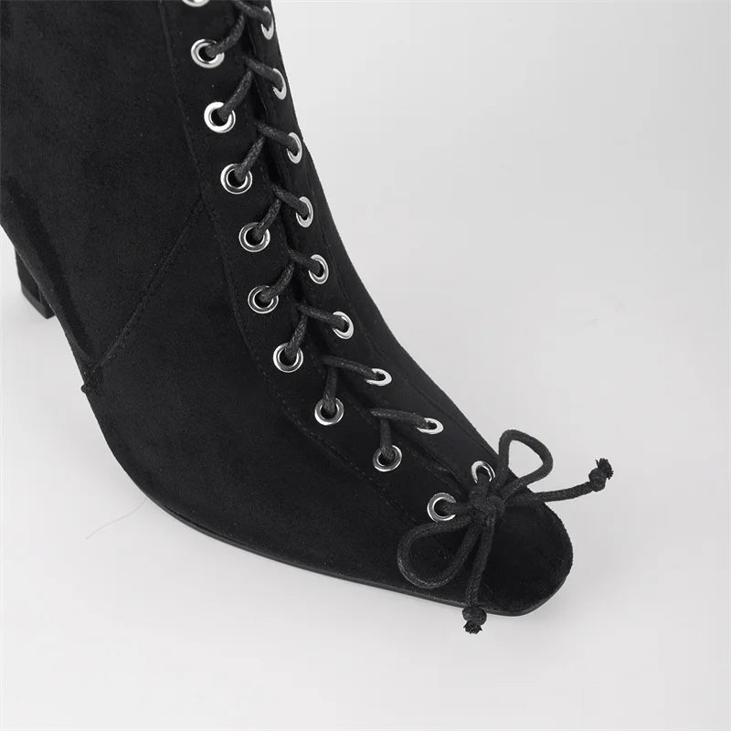 Square Toe Ankle Boots - Butterfly Bow Side Zipper Boots