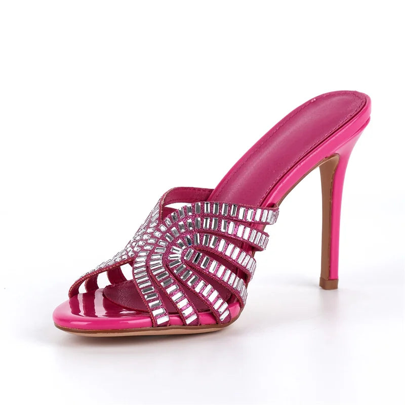 Rhinestone Peep Toe Mules - Slip-On Stiletto Heel Sandals