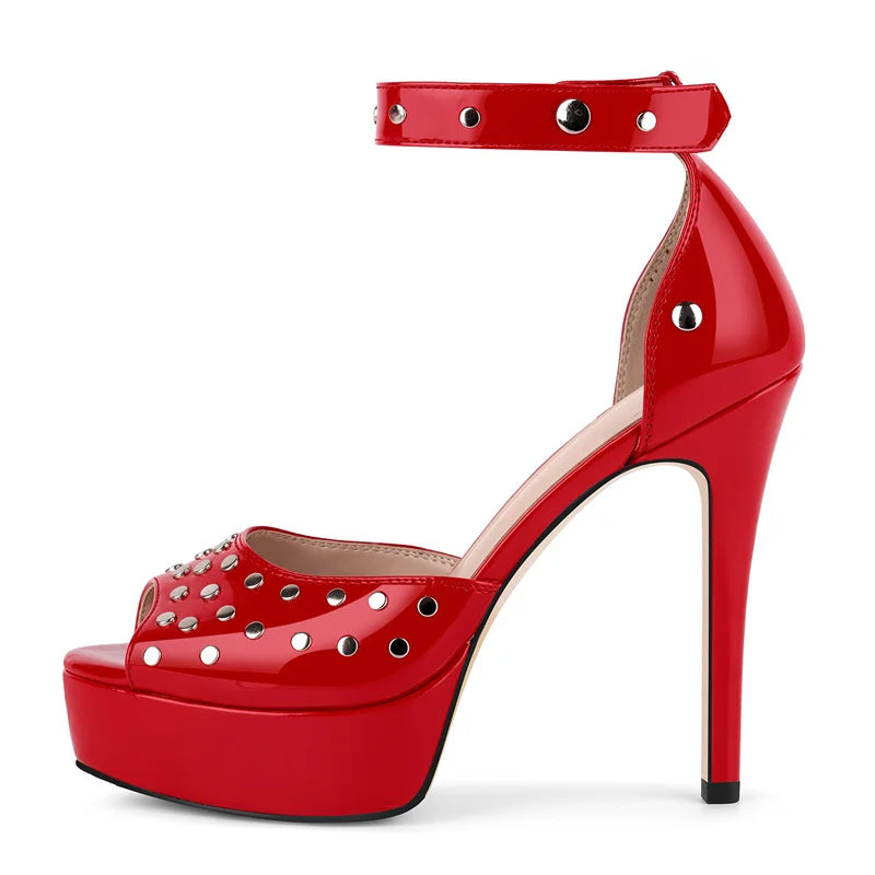 Platform Peep Toe Sandals - Rivet Ankle Strap Stiletto Heels