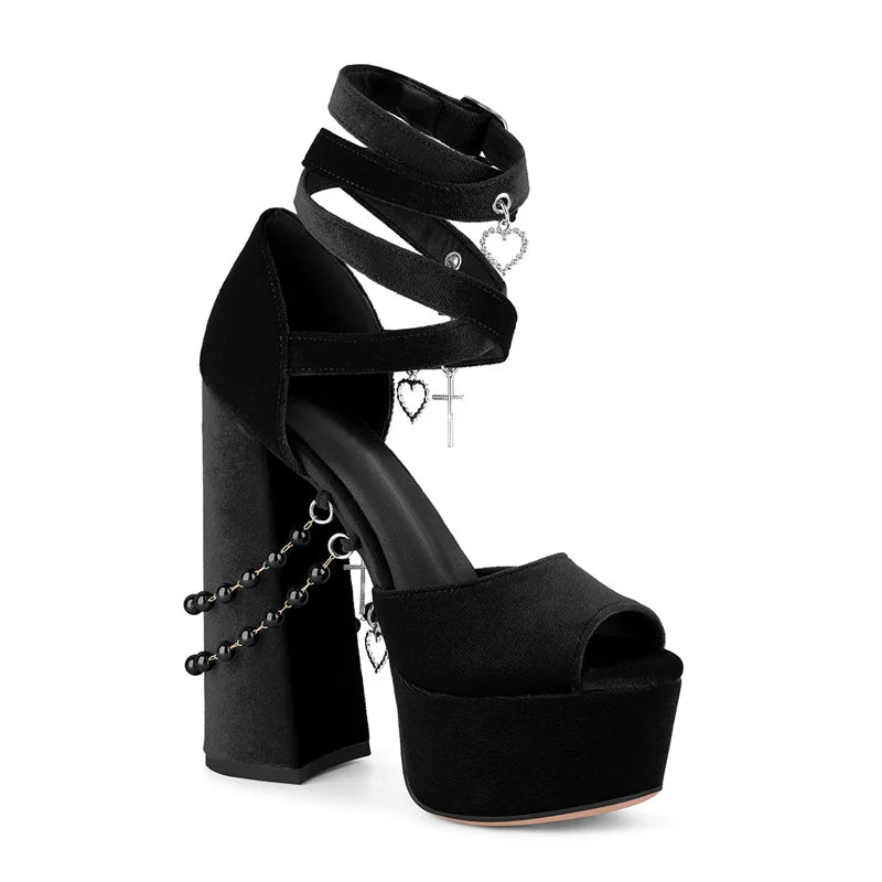 Platform Peep Toe Heels - Velvet Wrap Ankle Strap Sandals