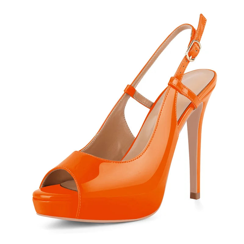 Patent Leather Peep Toe Platform Stiletto Sandals - Ankle Strap Heels