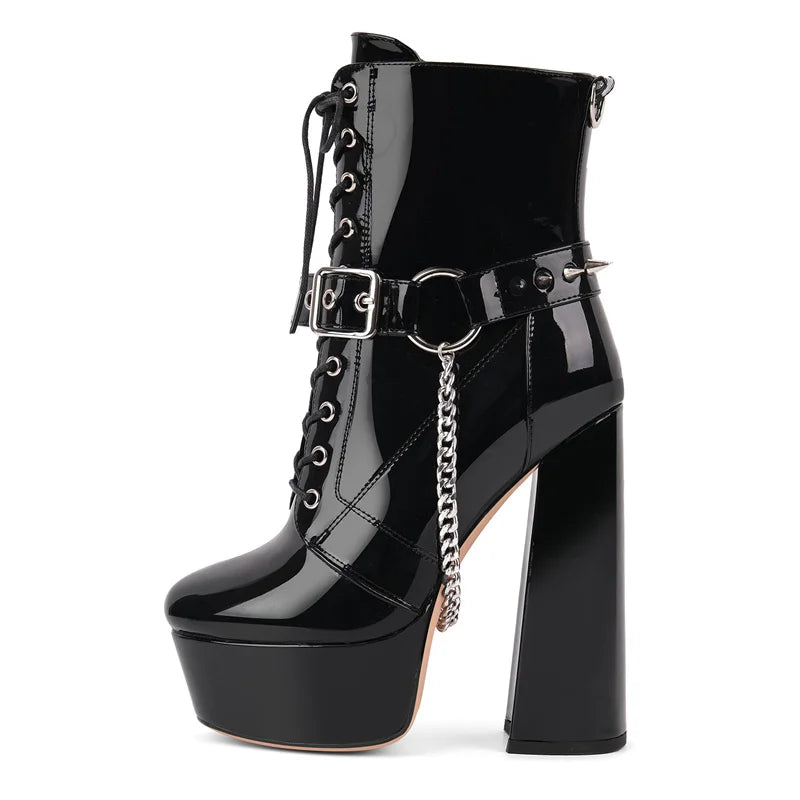 Gothic Platform Ankle Boots - Chain Detail Side Zipper Heels