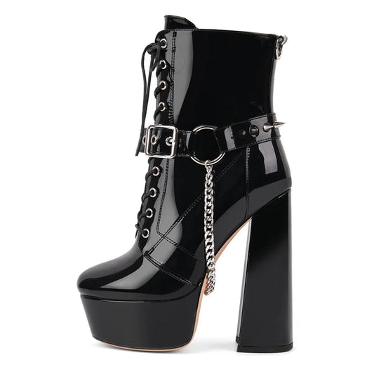 Gothic Platform Ankle Boots - Chain Detail Side Zipper Heels