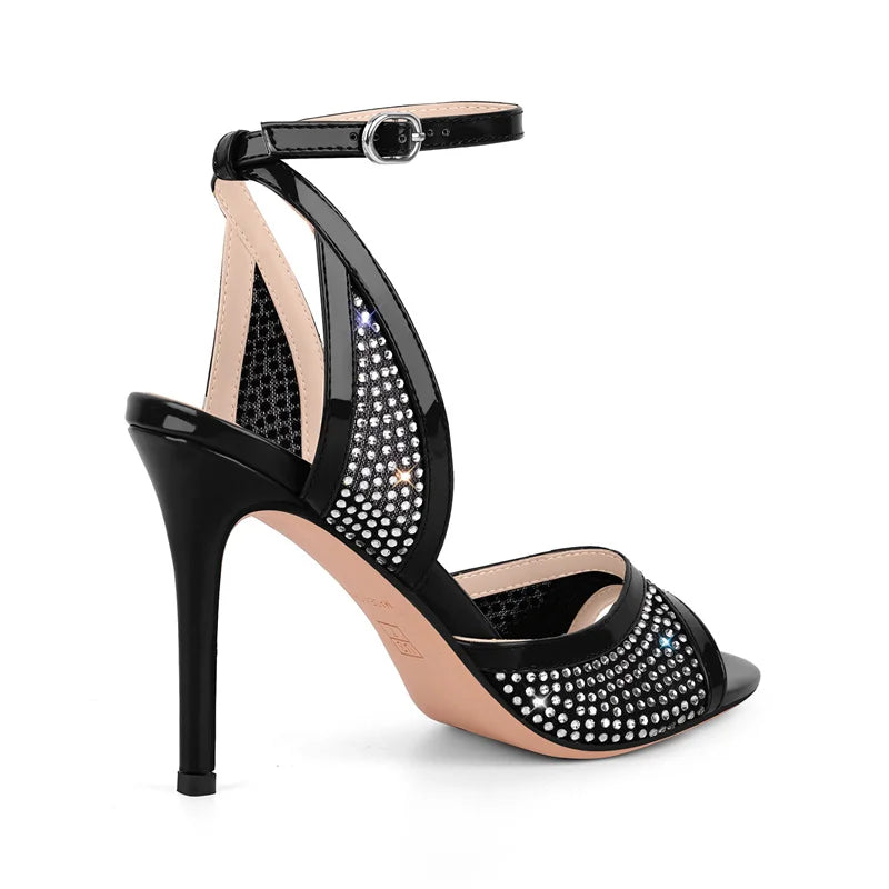 Rhinestone Crystal Ankle Strap Stiletto Sandals - Slingback Heels