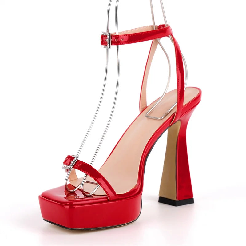 Patent Leather Square Toe Platform Sandals - Ankle Strap Stiletto Heels