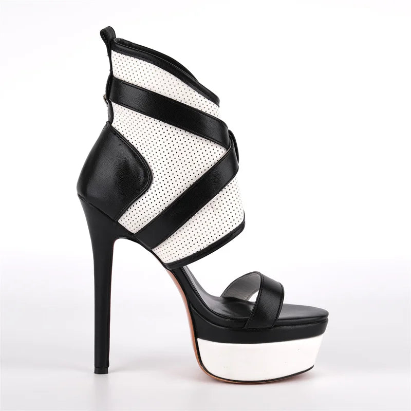 Fringe Platform Peep Toe Lace-Up Sandals - Cut-Out Stiletto Heels