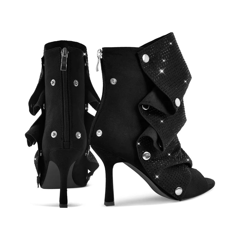 Drama Drop Ruffle Heels – Sequin Slay Booties