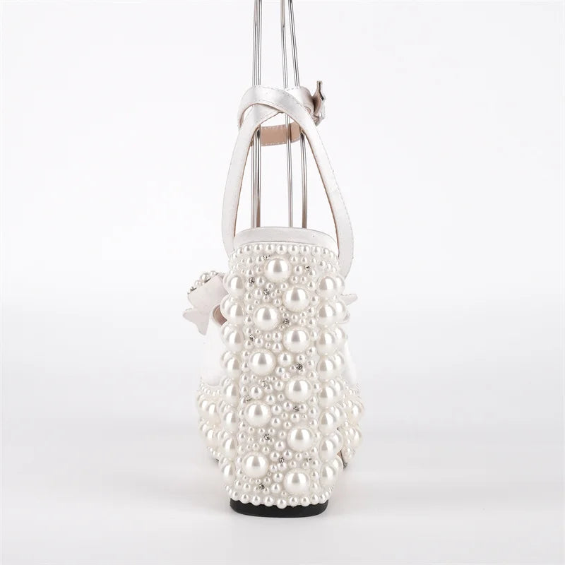 Pearl Embellished Platform Ankle Strap Sandals - Slingback Heels