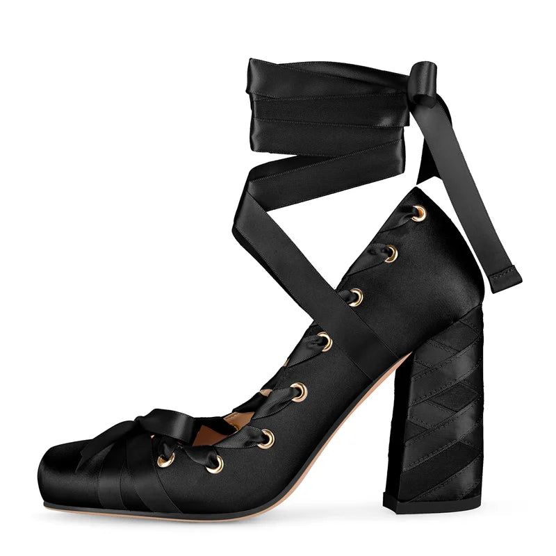 Satin Square Toe Pumps - Lace-Up Ankle Strap Stiletto Heels