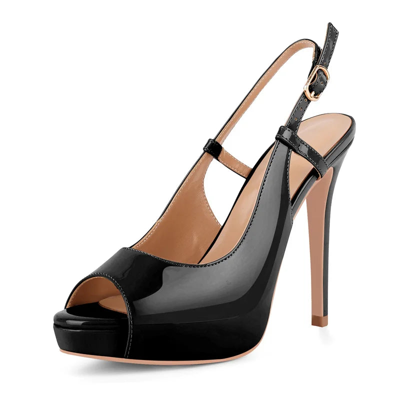 Patent Leather Peep Toe Platform Stiletto Sandals - Ankle Strap Heels