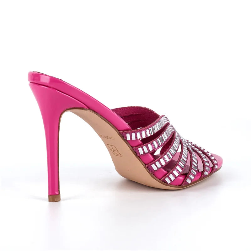 Rhinestone Peep Toe Mules - Slip-On Stiletto Heel Sandals