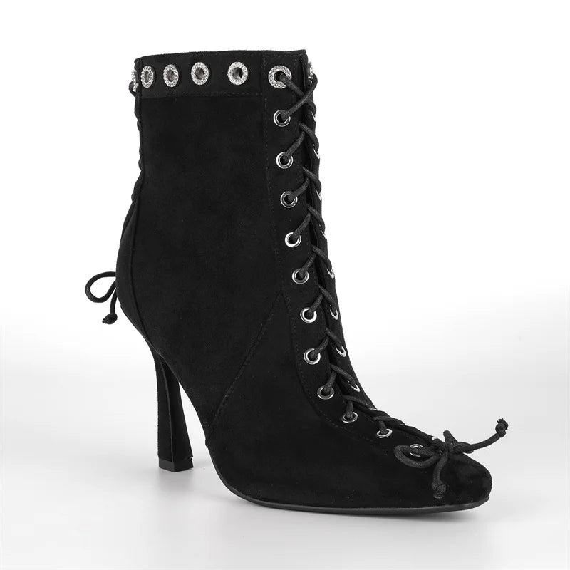 Square Toe Ankle Boots - Butterfly Bow Side Zipper Boots