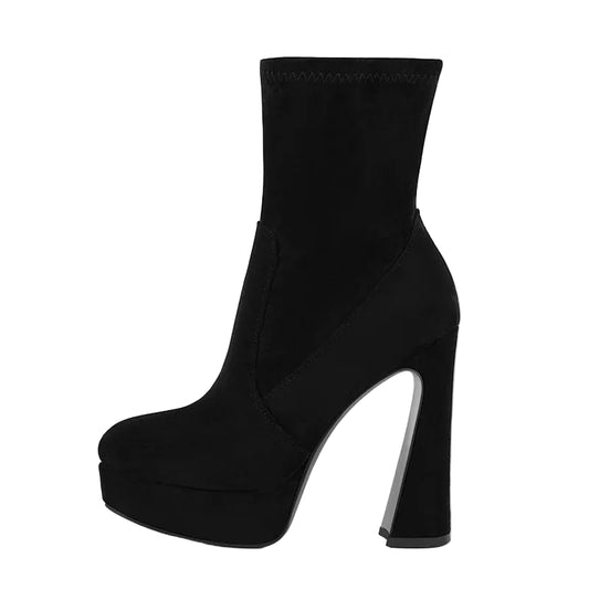 Round Toe Platform Ankle Boots - Side Zipper Stiletto Heels