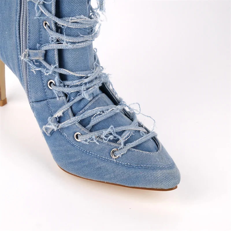 Denim Pointed Toe Ankle Boots - Side Zipper Stiletto Heels