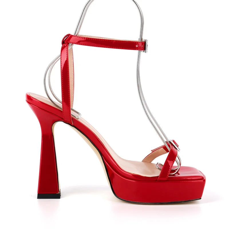 Patent Leather Square Toe Platform Sandals - Ankle Strap Stiletto Heels